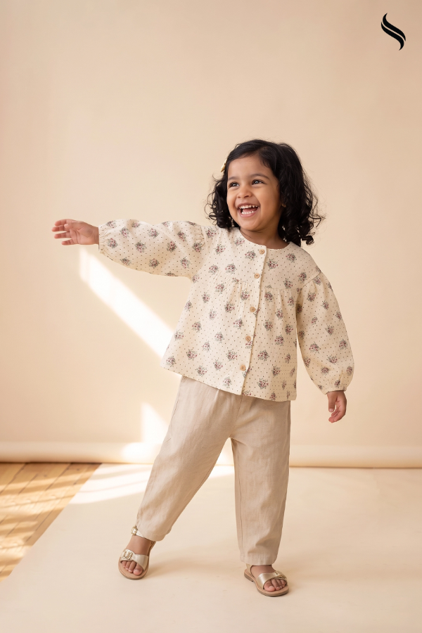 SEESHELL Kid's Girls' Floral Button-Down Tunic Top – Cream (Cream Color) 03