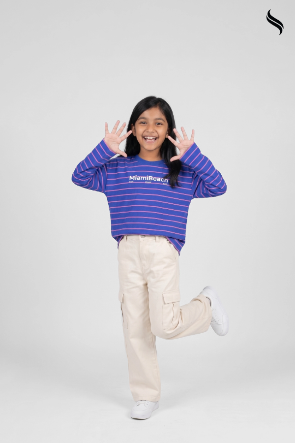 SEESHELL Girls' Striped Graphic Long Sleeve Top – Blue & Pink