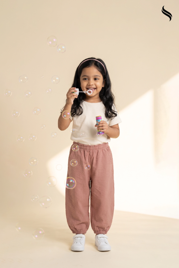 SEESHELL Girl's Textured Pull-On Trousers – Dusty Pink (Dusty pink Color) 03