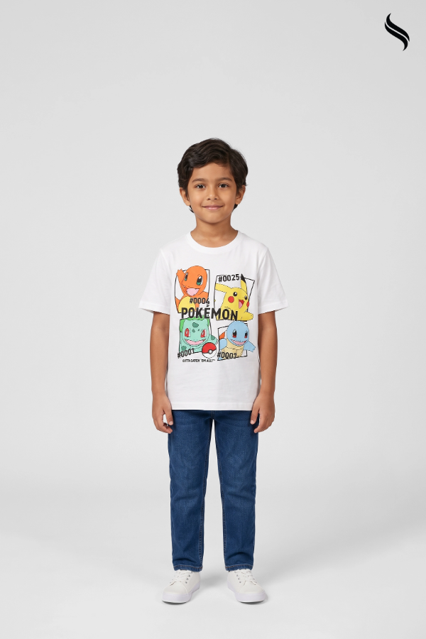 SEESHELL Kid's Boys T-Shirt Regular Fit Dazz Pokemon Graphic White (White Color) 03