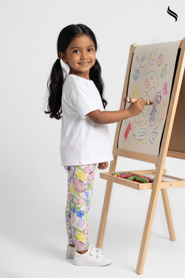 SEESHELL Kid's Girl Leggins Cotton Floral Botanical Print White (White Color) 01
