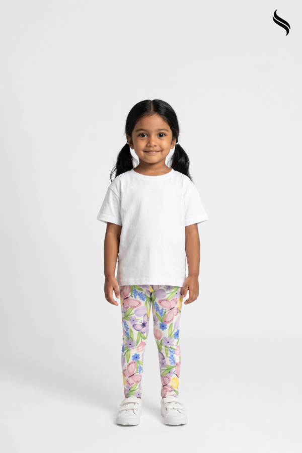 SEESHELL Kid's Girl Leggins Cotton Floral Botanical Print White (White Color) 03