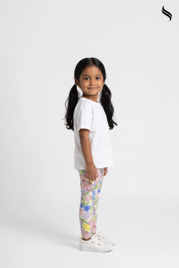SEESHELL Kid's Girl Leggins Cotton Floral Botanical Print White (White Color) 04