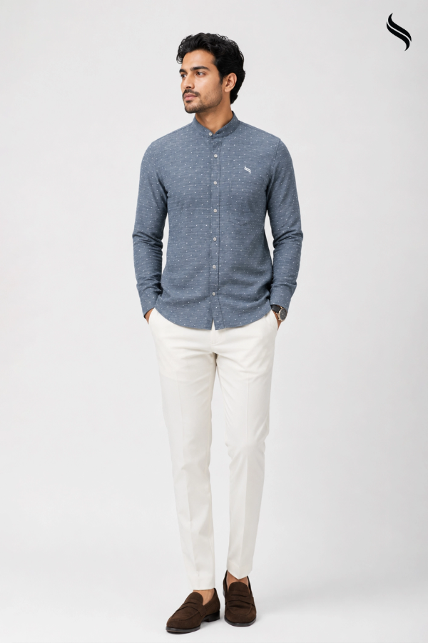 SEESHELL Men's Band Collar Shirt Chambray Polka Dot Light Blue