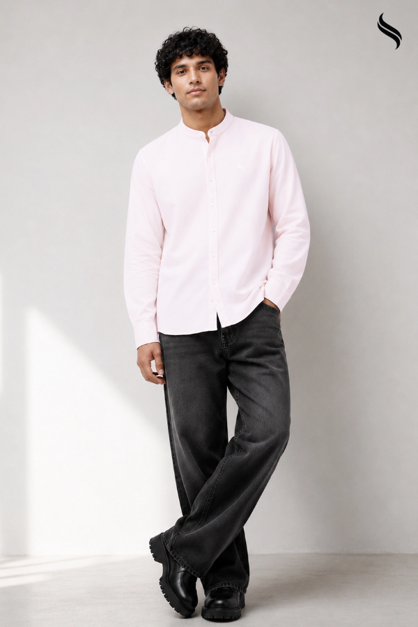 SEESHELL Men's Band Collar Shirt Premium Cotton Light Pink