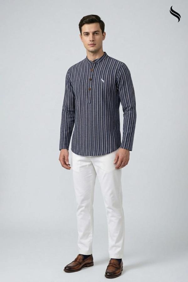 SEESHELL Men's Band Collar Shirt Remi Cotton Navy Blue