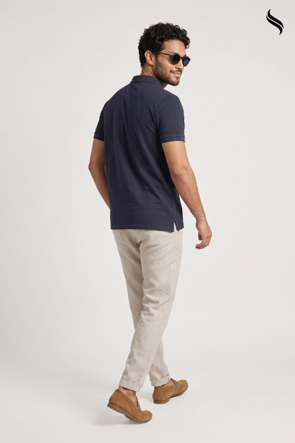 SEESHELL Men's Classic Solid Polo Shirt – Midnight Blue (Black Color) 02