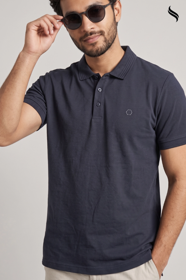 SEESHELL Men's Classic Solid Polo Shirt – Midnight Blue (Black Color) 03
