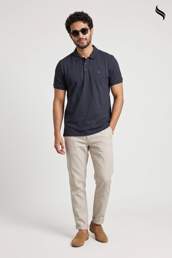 SEESHELL Men's Classic Solid Polo Shirt – Midnight Blue (Black Color) 05