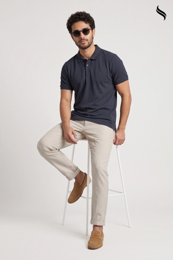 SEESHELL Men's Classic Solid Polo Shirt – Midnight Blue (Black Color) 07