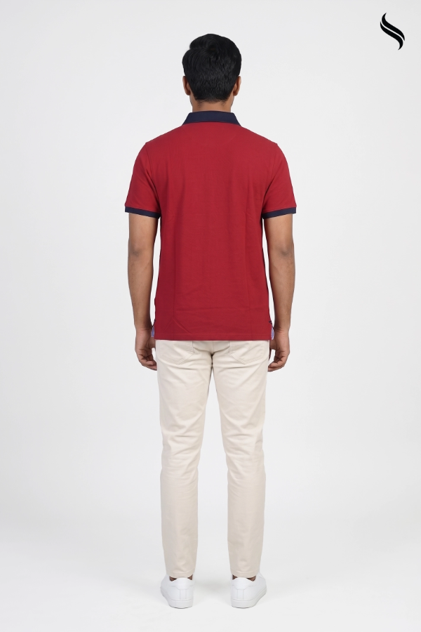 SEESHELL Men's Contrast Collar Graphic Polo Shirt – Red (Red Color) 01