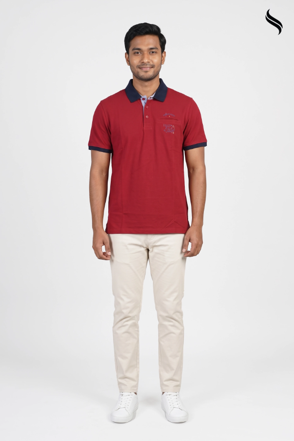 SEESHELL Men's Contrast Collar Graphic Polo Shirt – Red (Red Color) 03