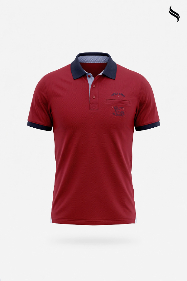 SEESHELL Men's Contrast Collar Graphic Polo Shirt – Red (Red Color) 04