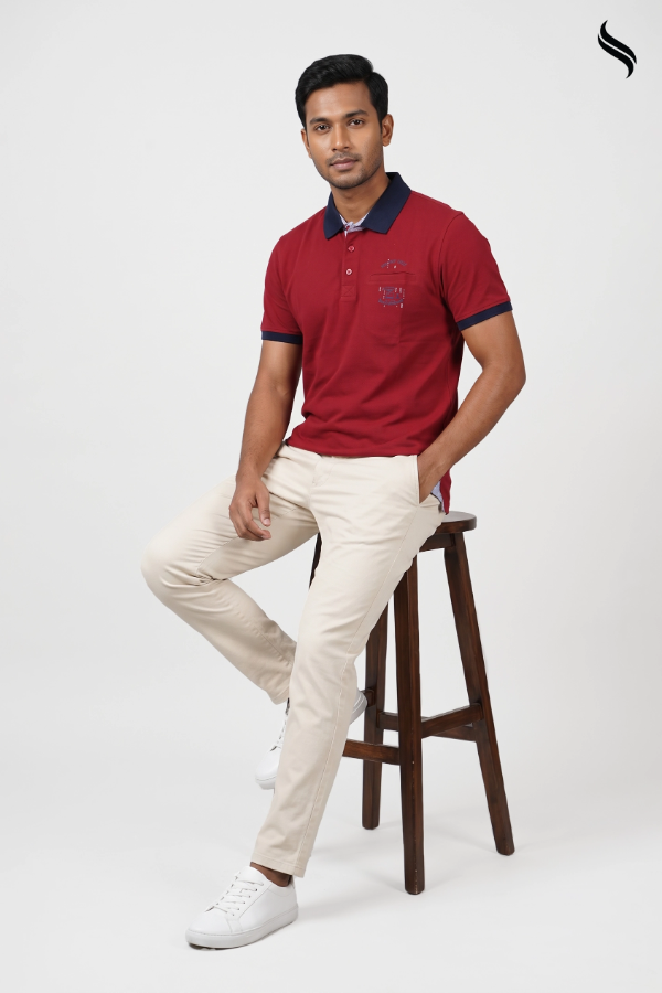 SEESHELL Men's Contrast Collar Graphic Polo Shirt – Red