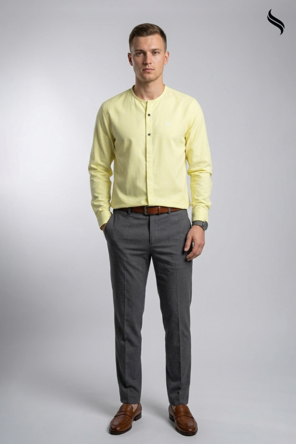 SEESHELL Men's Crew Neck Shirt Tensile Cotton Yellow