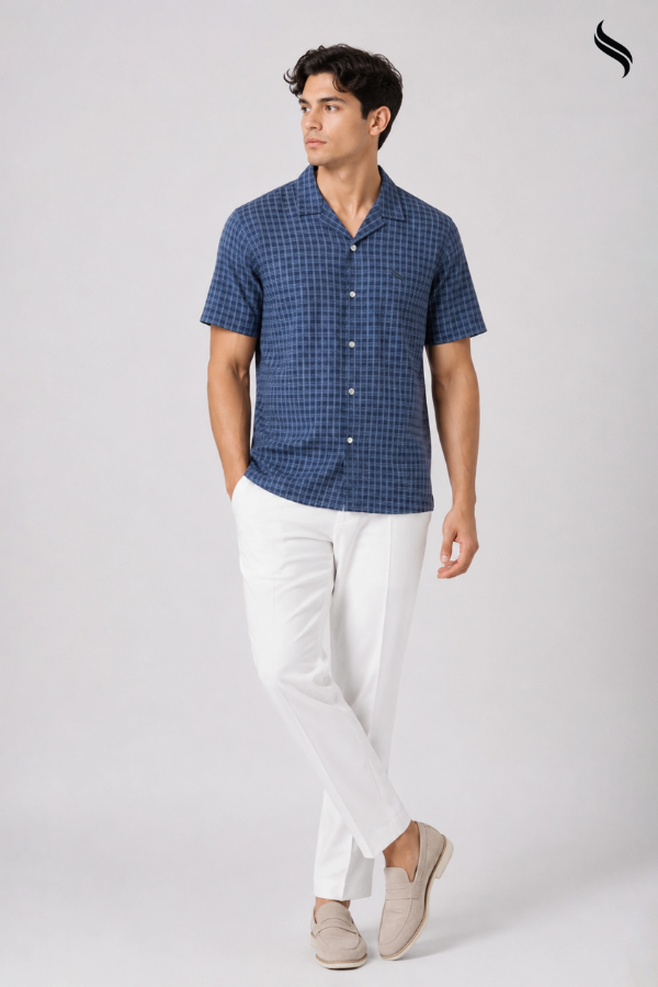 SEESHELL Men's Cuban Collar Shirt Remi Cotton Check Navy