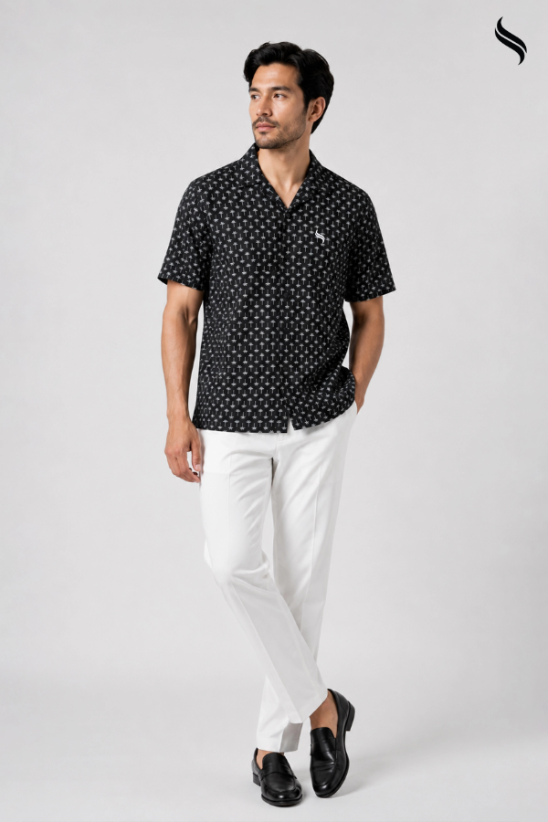 SEESHELL Men's Cuban Shirt Blended Cotton Spandex Black White