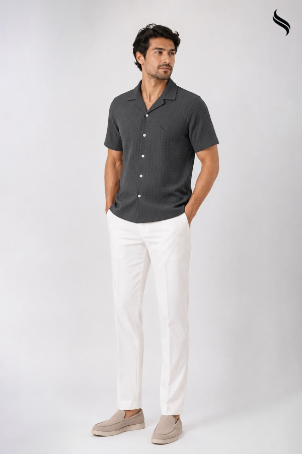 SEESHELL Men's Cuban Shirt Embossed Woven Cotton Gray