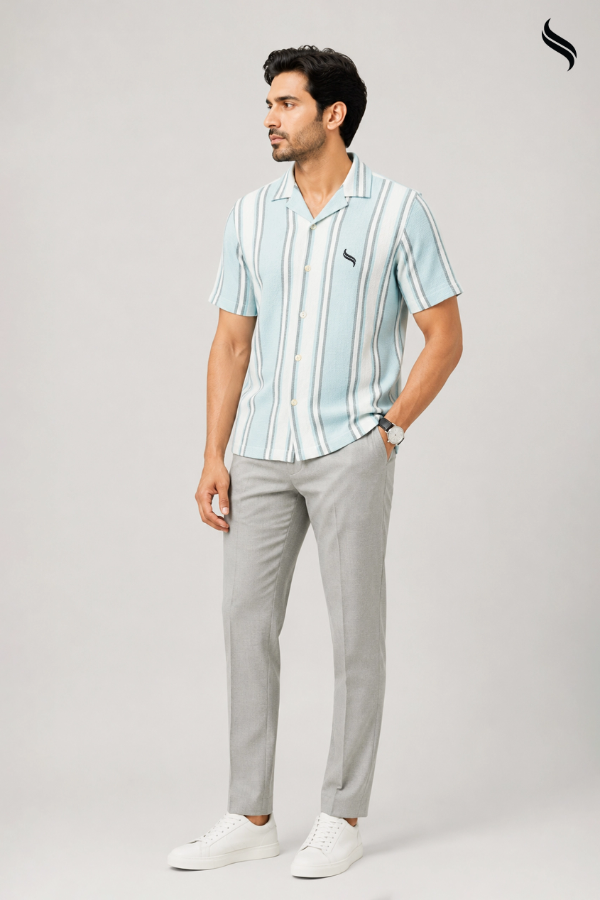 SEESHELL Men's Cuban Shirt Remi Cotton Sky Blue Stripe