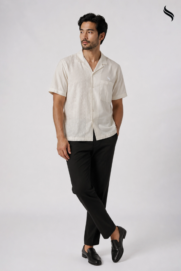 SEESHELL Men's Cuban Shirt Schiffli Cotton Cream White