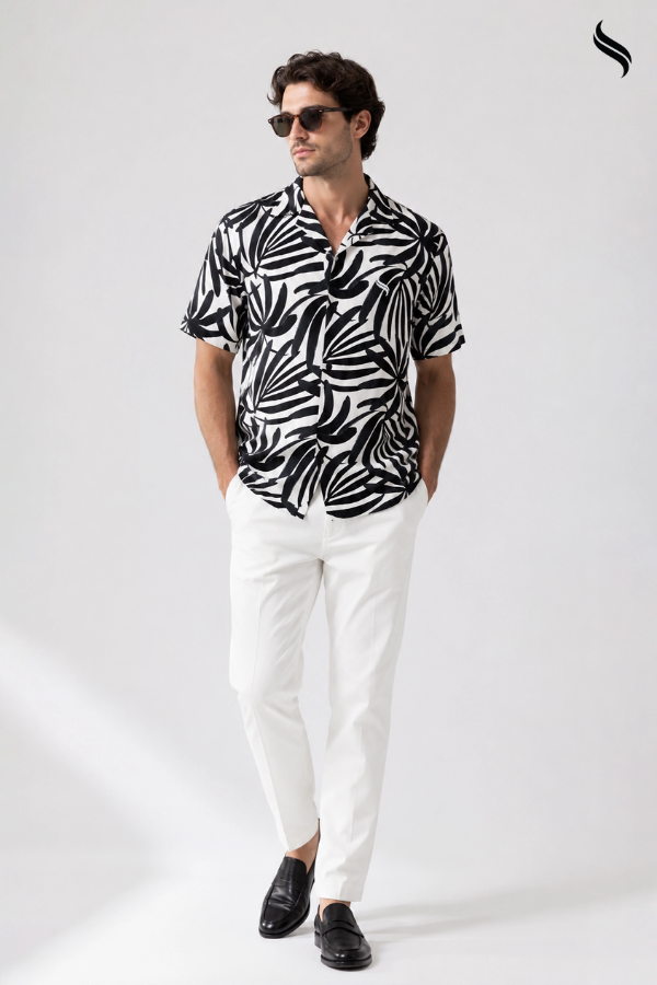 SEESHELL Men's Cuban Shirt Viscose Cotton Print Beige Black