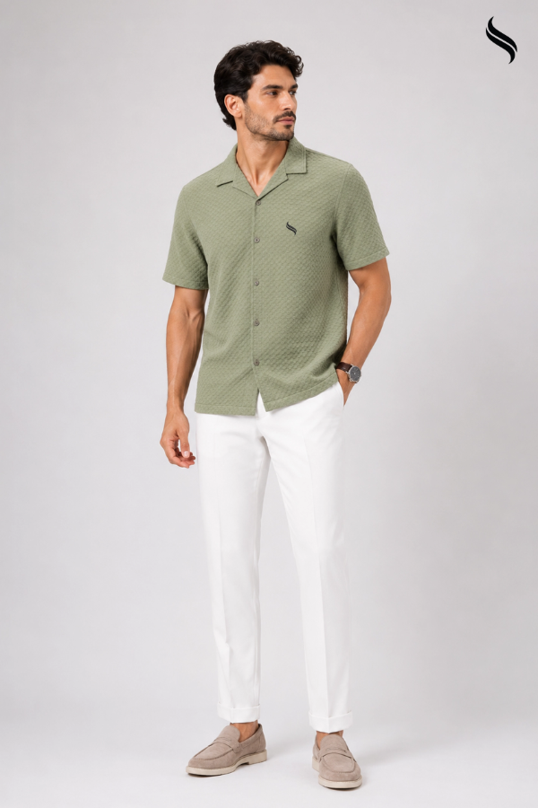 SEESHELL Men's Cuban Shirt Woven Cotton Embossed Olive