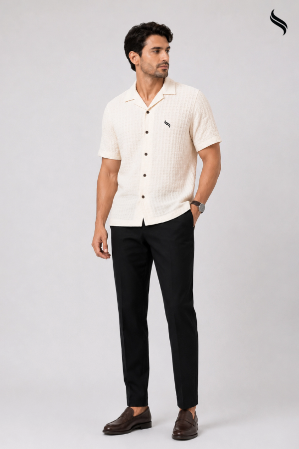 SEESHELL Men's Cuban Shirt Woven Cotton Texture Off White