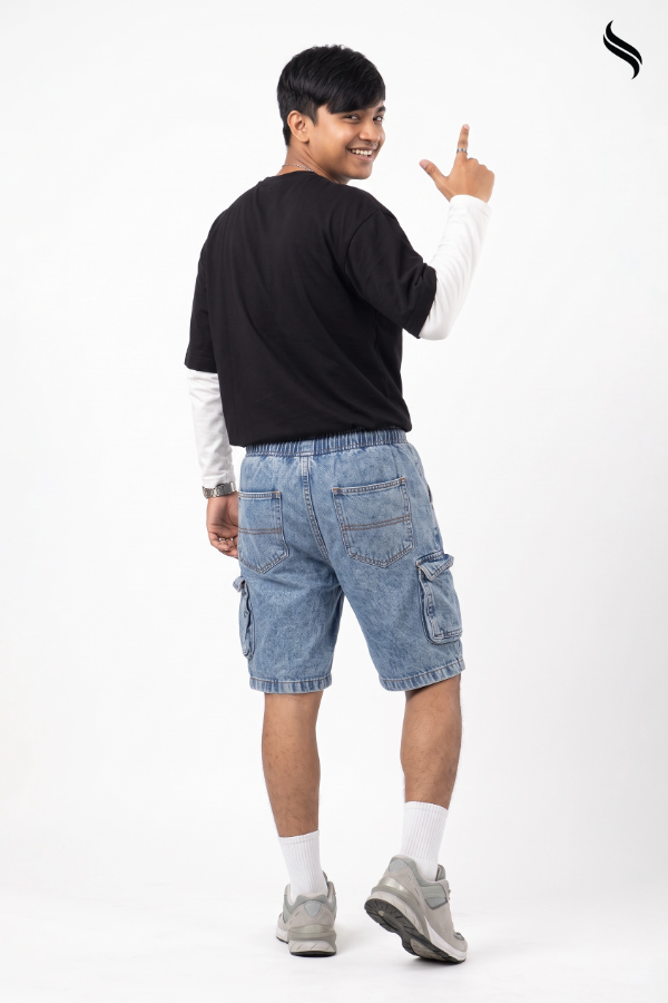 SEESHELL Men's Denim Cargo Shorts Relaxed Fit Light Blue (Light Blue Color) 01
