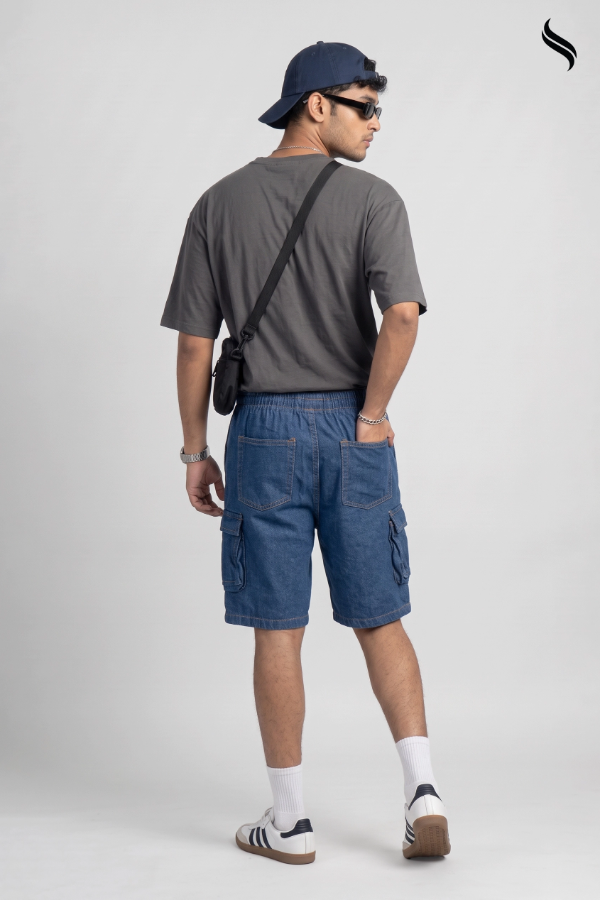 SEESHELL Men's Denim Relaxed Fit Cargo Shorts Blue (Blue Color) 01