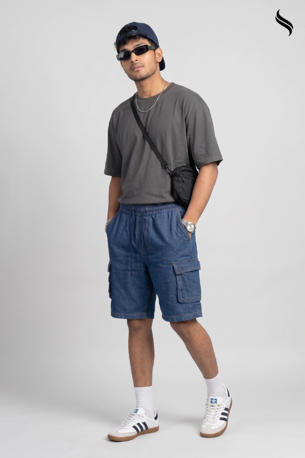 SEESHELL Men's Denim Relaxed Fit Cargo Shorts Blue