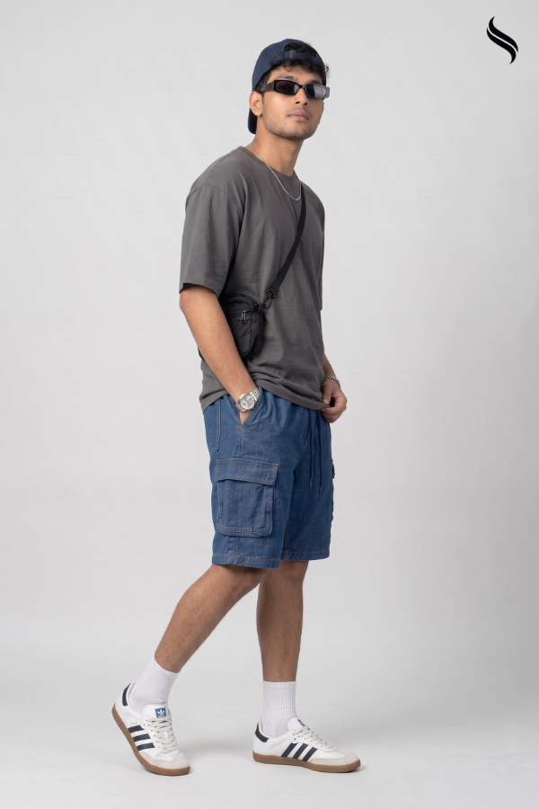 SEESHELL Men's Denim Relaxed Fit Cargo Shorts Blue (Blue Color) 04