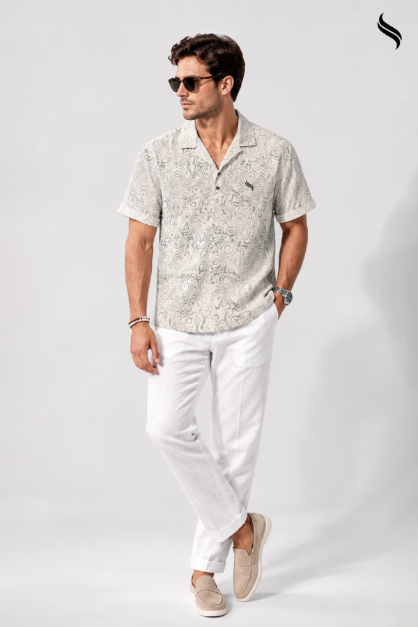 SEESHELL Men's Katua Cuban Shirt Blended Cotton White Grey