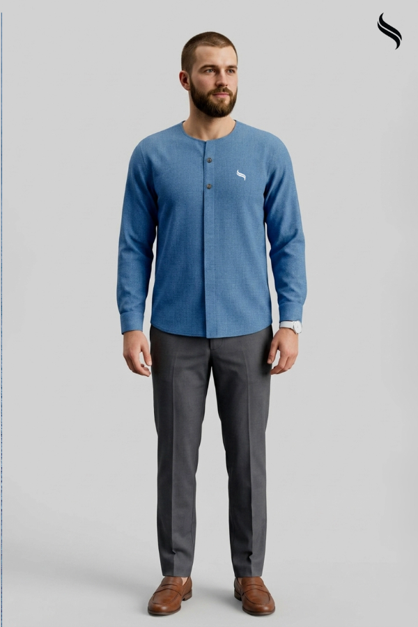 SEESHELL Men's Long Sleeve Shirt Tensile Round Neck Blue