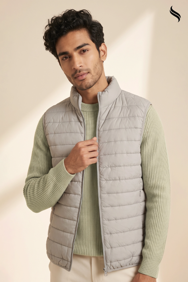 SEESHELL Men's Quilted Puffer Vest Front Pocket Light Grey (Light Grey Color) 02