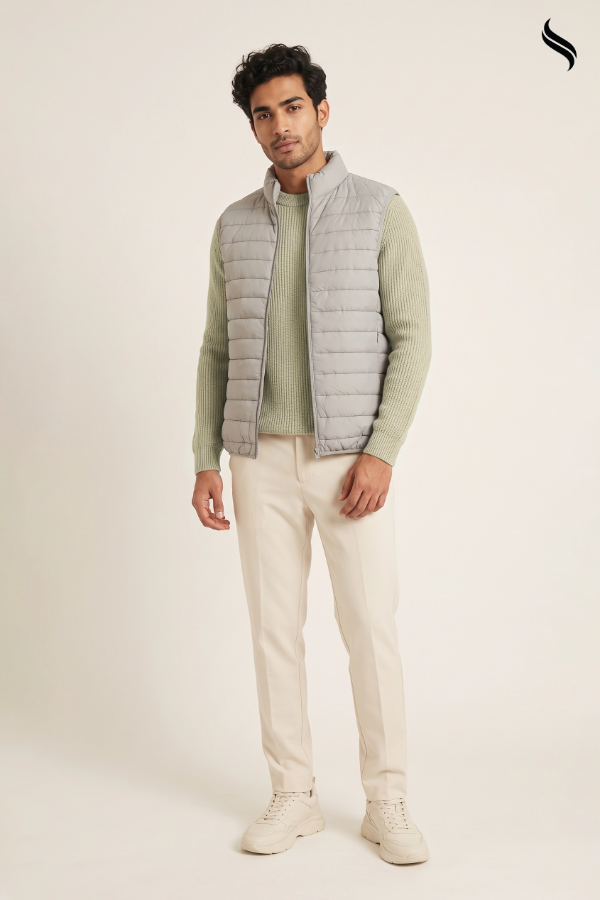 SEESHELL Men's Quilted Puffer Vest Front Pocket Light Grey (Light Grey Color) 03