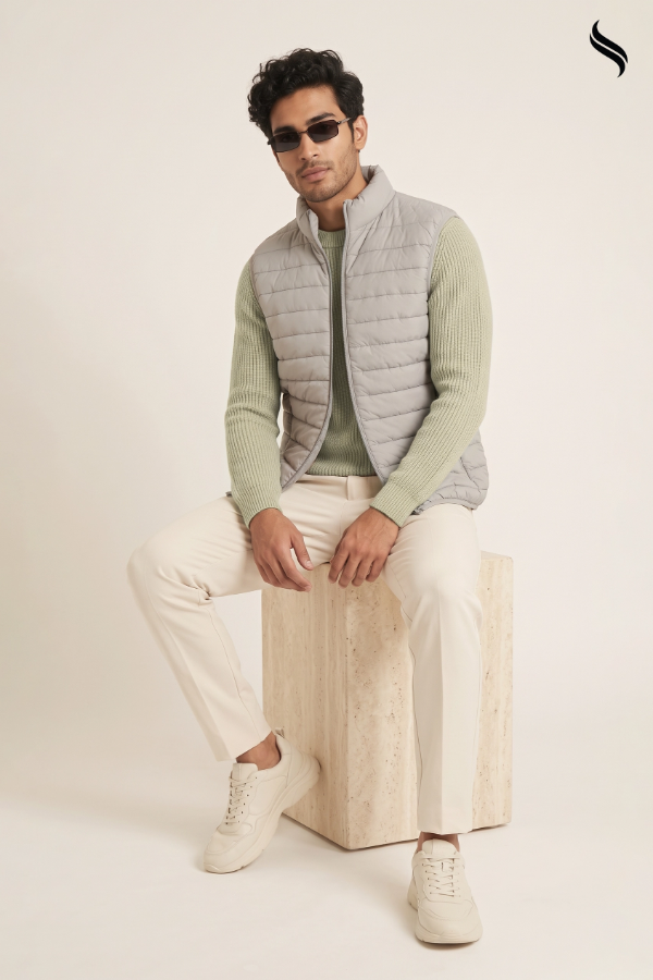 SEESHELL Men's Quilted Puffer Vest Front Pocket Light Grey (Light Grey Color) 05