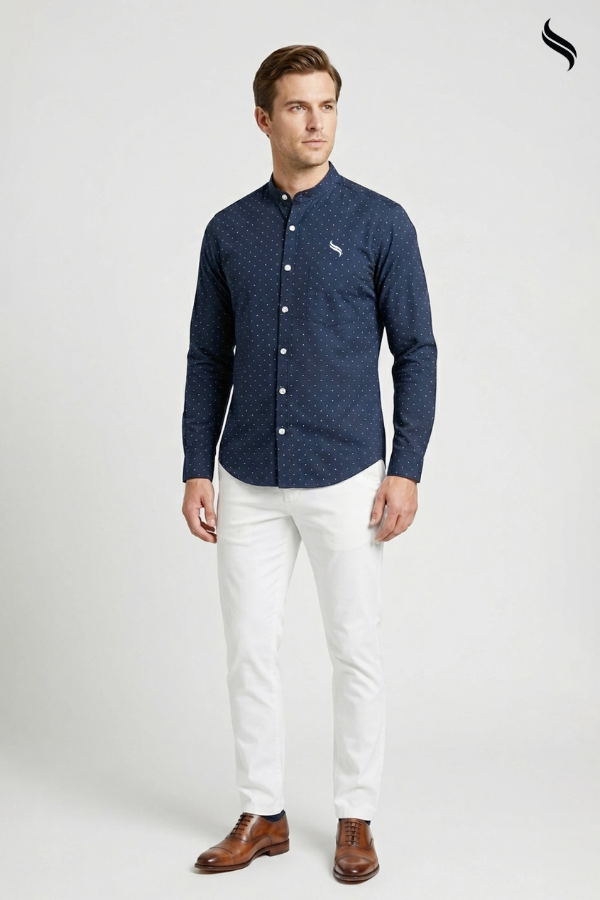 SEESHELL Men's Shirt Blended Cotton Polka Dot Midnight Bluen