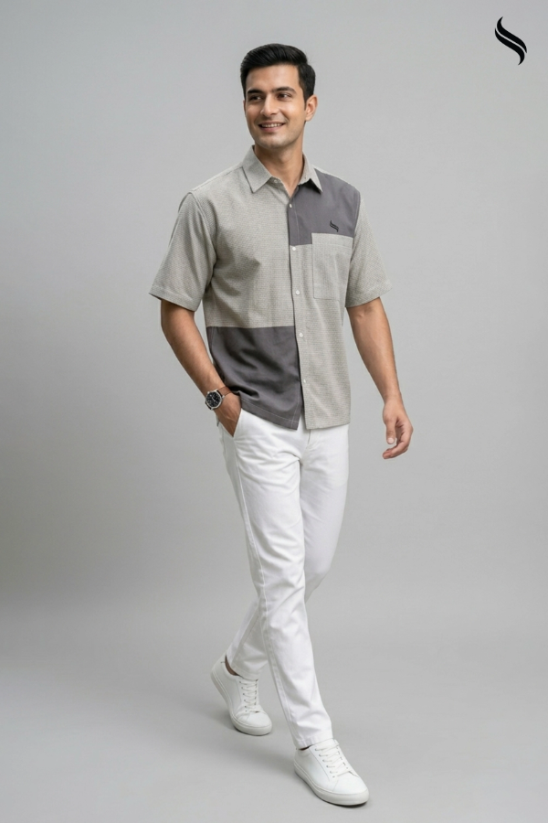 SEESHELL Men's Shirt Short Sleeve Cotton Blue Grey