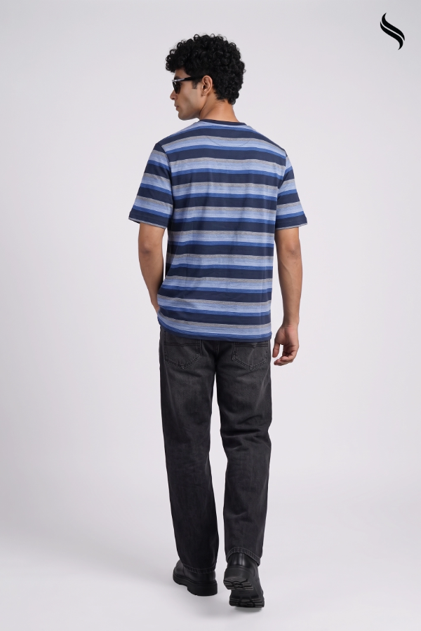 SEESHELL Men's Striped Knit T-Shirt – Navy Blue & Grey (Navy Blue & Grey Color) 01