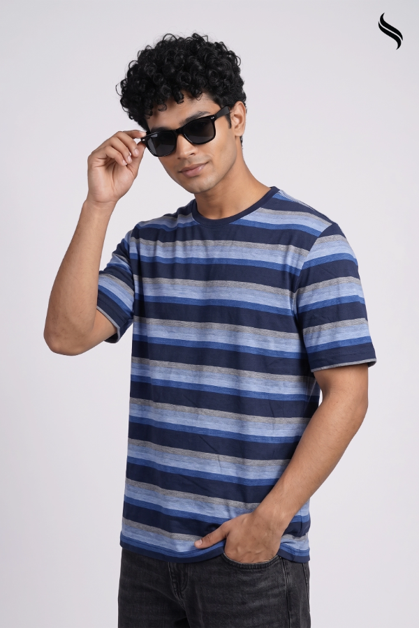 SEESHELL Men's Striped Knit T-Shirt – Navy Blue & Grey (Navy Blue & Grey Color) 03