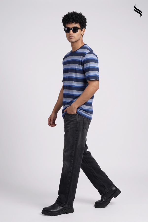 SEESHELL Men's Striped Knit T-Shirt – Navy Blue & Grey (Navy Blue & Grey Color) 04