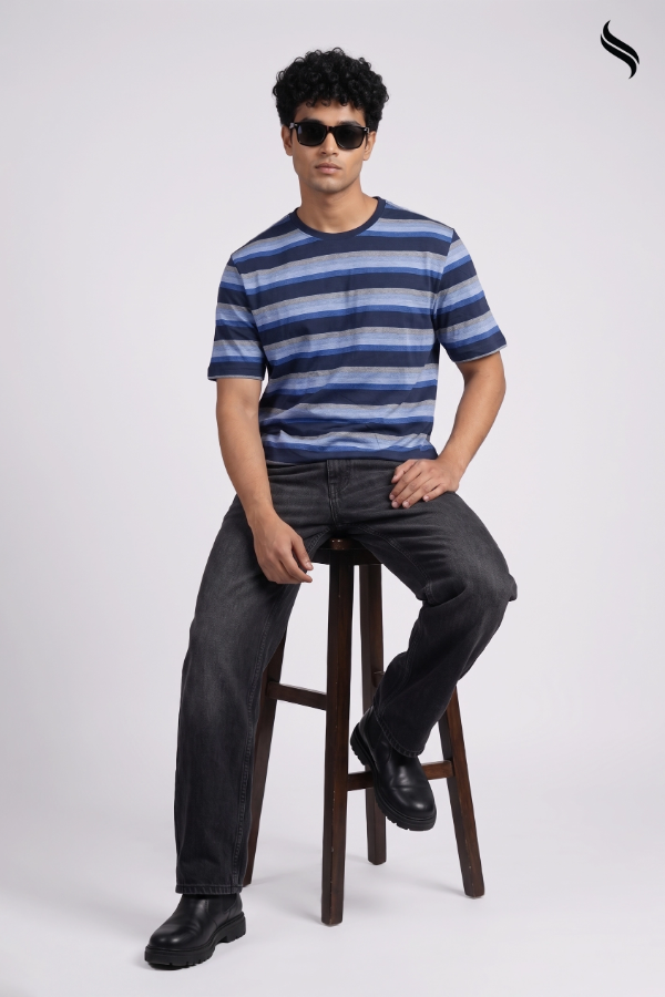 SEESHELL Men's Striped Knit T-Shirt – Navy Blue & Grey (Navy Blue & Grey Color) 05