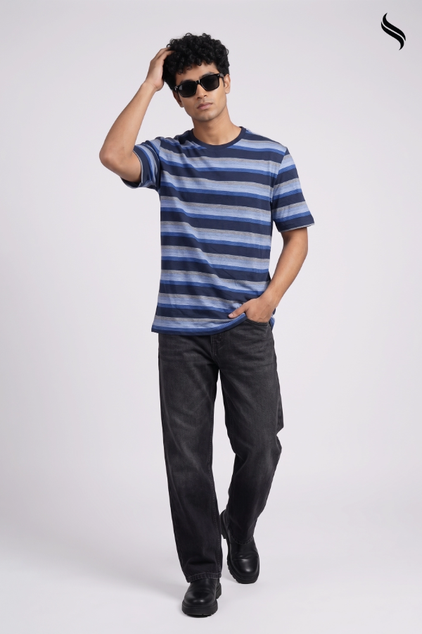 SEESHELL Men's Striped Knit T-Shirt – Navy Blue & Grey (Navy Blue & Grey Color) 06