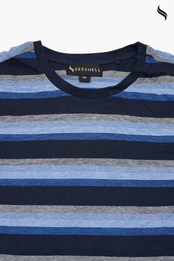 SEESHELL Men's Striped Knit T-Shirt – Navy Blue & Grey (Navy Blue & Grey Color) 07