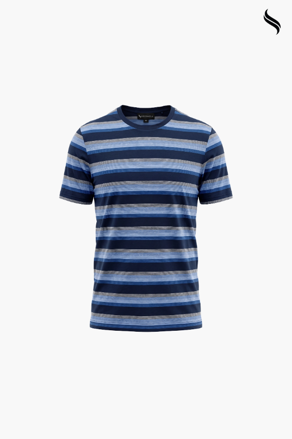 SEESHELL Men's Striped Knit T-Shirt – Navy Blue & Grey (Navy Blue & Grey Color) 08