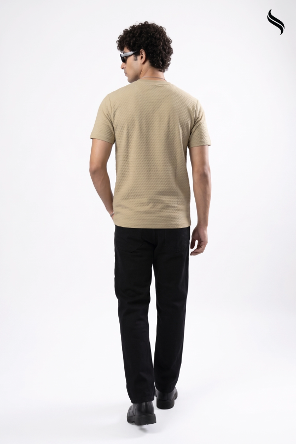 SEESHELL Men's Textured Knit T-Shirt – Beige (Beige Color) 02