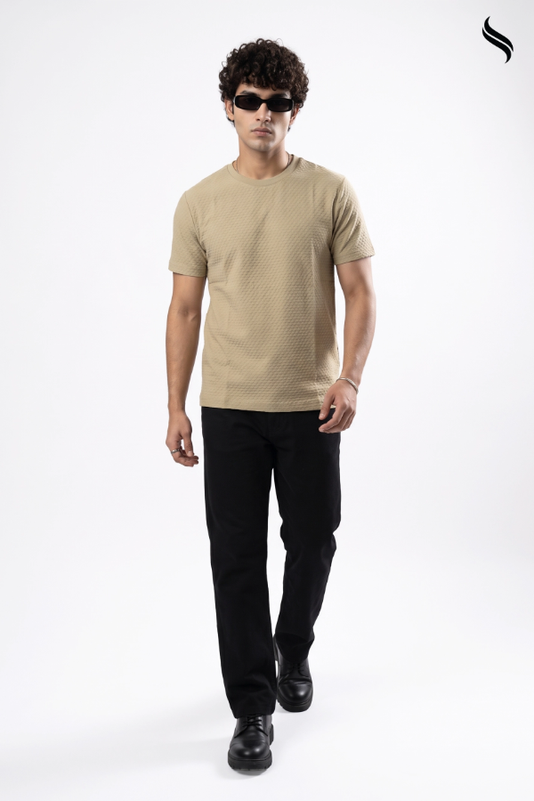 SEESHELL Men's Textured Knit T-Shirt – Beige (Beige Color) 03