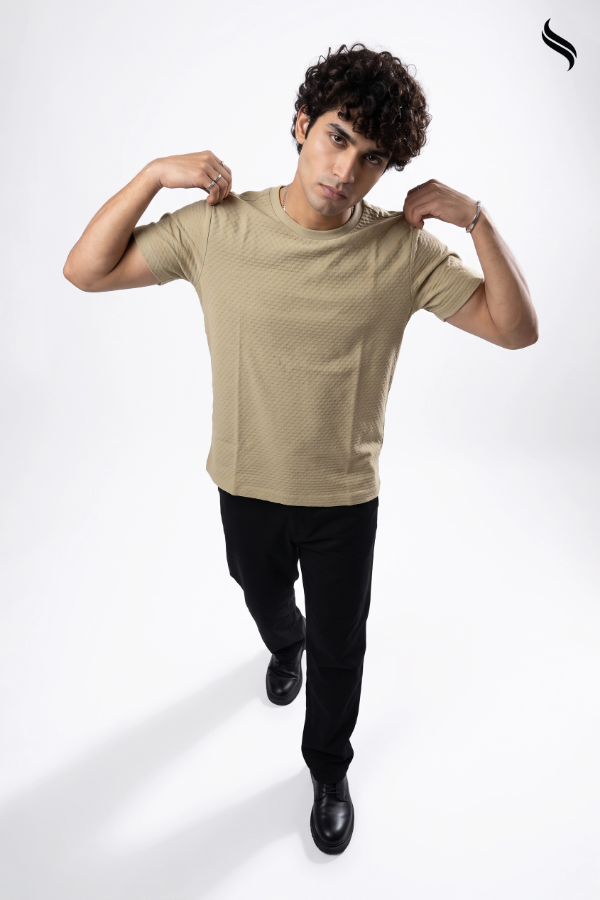 SEESHELL Men's Textured Knit T-Shirt – Beige (Beige Color) 04