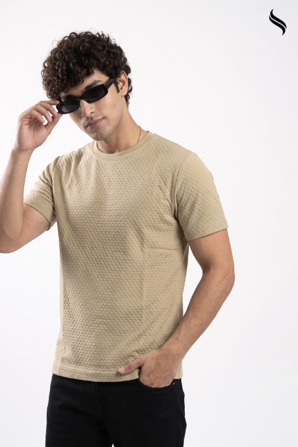 SEESHELL Men's Textured Knit T-Shirt – Beige (Beige Color) 05