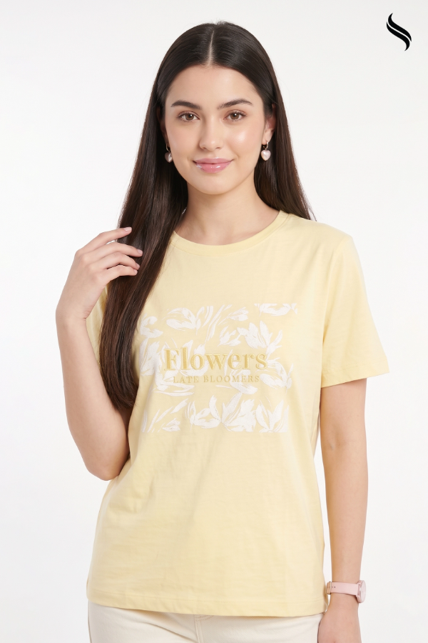 SEESHELL Women's Knit Graphic T-Shirt – Pastel Yellow (Pastel Yellow Color) 03